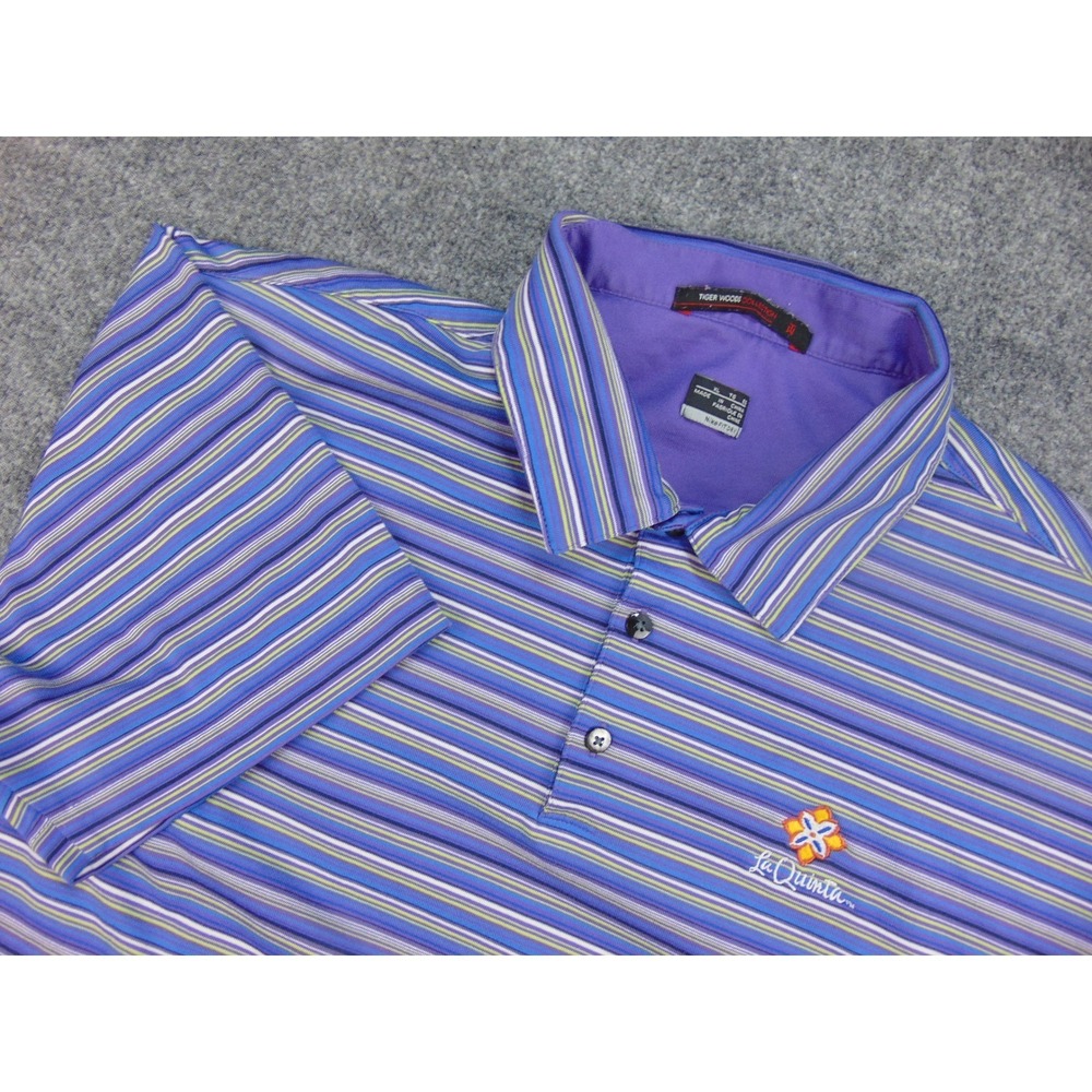 La Quinta Polo Shirt Mens XL Nike Tiger Woods Purple Striped Golf Performance